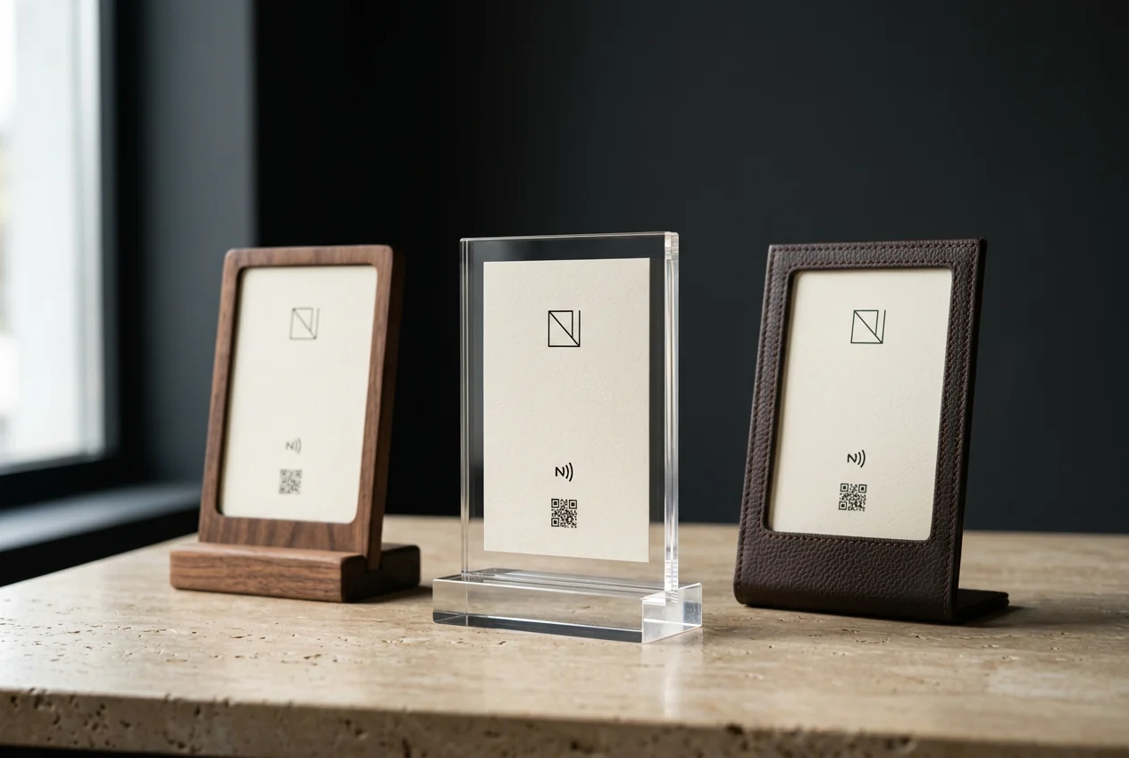 Illustrative concept: a clear acrylic counter stand holding a printed business insert, beside wood and leather stands