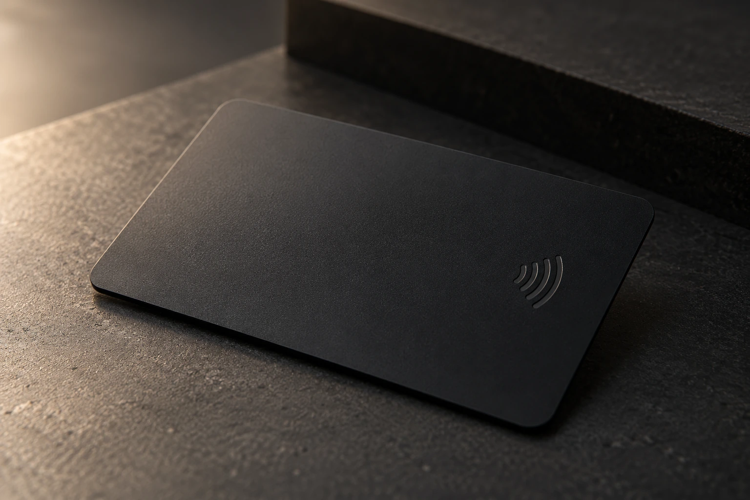 Illustrative concept of a thin black-plastic NFC card in warm architectural light